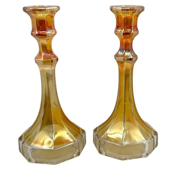 Imperial Carnival Glass Candlesticks Clear to Marigold Delta Base Colonial - Picture 1 of 7